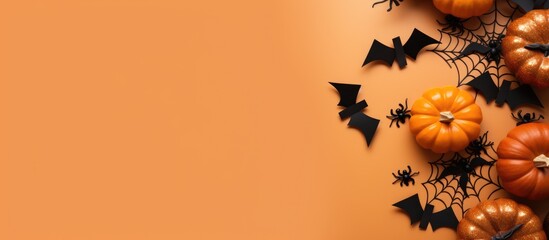 Wall Mural - An event featuring a landscape of pumpkins, bats, and spiders against an orange sky background. Amber clouds float above the peach tree with twigs and plants scattered around