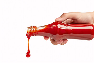 Hands squeezing ketchup and mustard out of plastic bottles, isolated on white background
