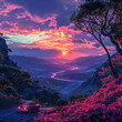A road trip car parked on a viewpoint overlooking a valley the scene awash in the electric glow of an otherworldly sunset capturing the essence of adventure
