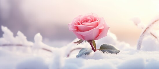 Sticker - A delicate pink rose stands out against the white snow, creating a beautiful contrast between the flower and the winter landscape