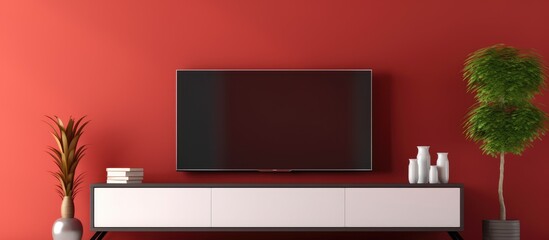 Poster - A living room with red hardwood walls and a flat panel display TV on a wooden stand. The flooring is made of wood with a natural wood stain