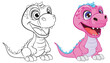 Black and white and colored cartoon dinosaur illustrations