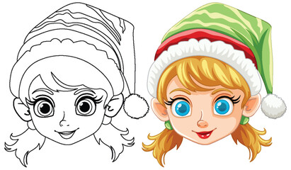 Wall Mural - Colorful and outlined elf girl with Christmas hat.