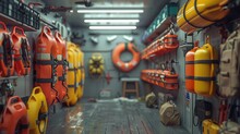 Lifesaving Equipment Showcase In A 3D Animated Storeroom, From Defibrillators To Rescue Ropes, Brightly Colored