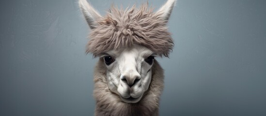 Wall Mural - A close up of an Alpacas snout and fur with a blue sky background, this terrestrial animal is commonly found in pastures and landscapes