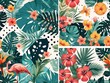 Seamless pattern with tropical leaves and flamingo. Vector illustration