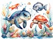 Watercolor illustration of a group of sea turtles and corals.