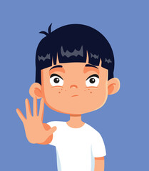 Boy of East-Asian Ethnicity Making Stop Gesture Vector Character. Unhappy child saying no to xenophobia and discrimination
