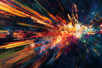 Sticker - A colorful, abstract painting of a space explosion. The explosion is made up of many different colors and shapes, creating a sense of chaos and movement. The painting is full of energy and excitement