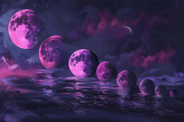 Wall Mural - a painting of a group of seven large, pink moons floating in the sky. the painting has a dreamy, eth