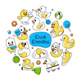 Fototapeta Pokój dzieciecy - A duck theme pattern designed with adorable baby chicks, playing ducklings and rubber duckies 