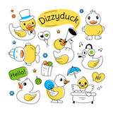 Fototapeta Pokój dzieciecy - A duck theme pattern designed with adorable baby chicks, playing ducklings and rubber duckies 