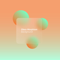 Poster - glassmorphism background banner with transparent glass frame template . Realistic Frosted glass morphism effect with blurred abstract gradient orange & green circle shapes. Vector illustration	