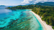 Drone View From Above Paradise Beach on Praslin Island, Seychelles.