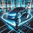 A futuristic 3d car design is presented in a virtual showroom, Blue light data Autonomous by neon lights and showcasing the latest in automotive technology - Generative AI