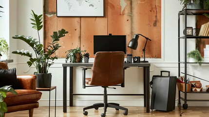 Wall Mural - Stylish composition of modern masculine home office workspace interior design with black industrial desk, brown leather armchair, pc and stylish personal accessories. Template.