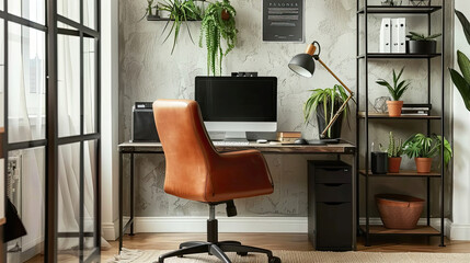 Wall Mural - Stylish composition of modern masculine home office workspace interior design with black industrial desk, brown leather armchair, pc and stylish personal accessories. Template.