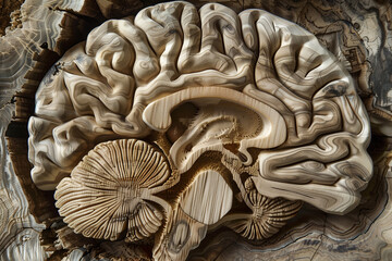 Aufkleber - A brain is shown in a close up, with the top of the brain being the most prominent feature. The brain is made of wood and has a very detailed and intricate design. Scene is one of curiosity