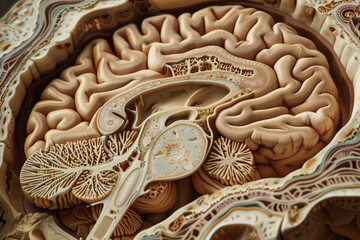 Aufkleber - A brain is shown in a close up, with the top of the brain being the most prominent feature. The brain is made of wood and has a very detailed and intricate design. Scene is one of curiosity