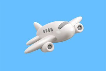 Vector 3d airplane icon. Simple cartoon white passenger plane render, flying jet in the sky, isolated on blue background. Summer holiday journey design element