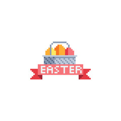 Wall Mural - Happy Easter eggs in basket. Pixel art icons set. Greeting card design. Easter icon. Spring holiday. Isolated vector illustration. 