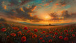 Poppy Field at Sunset, Beautiful Landscape with Vibrant Red Flowers Under Golden Sky, Serene Countryside Scene, Generative AI


