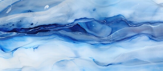 Poster - A detailed closeup of a fluid watercolor painting featuring electric blue and white colors. The artwork depicts a captivating pattern resembling an icy wind wave