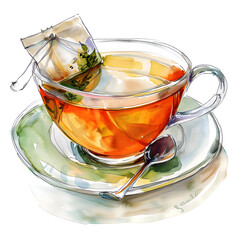 Herbal tea with a tea bag and saucer:8, watercolor,