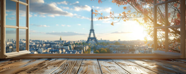 Wall Mural - Beautiful scenery: empty white wooden table with Eiffel Tower view, blurred bokeh out of an open window, product display, defocus bokeh, blurred background with sunlight. product display template