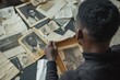 © evgenia_lo - African American male analyzing old family photographs for genealogy research.