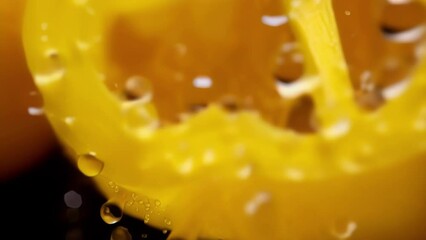 Sticker - A macro shot captures the intricate details of a yellow bell pepper, revealing its delicate s and tiny air pockets. The peppers waxy surface glistens under the light, enticing the viewer