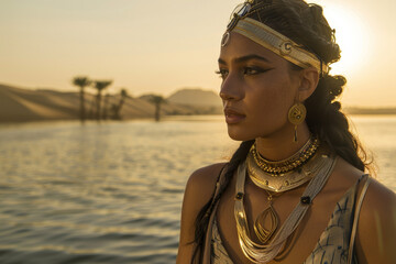 Wall Mural - A modern-day Cleopatra, adorned in gold jewelry, standing on the banks of the Nile River.