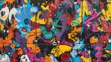 Fototapeta Młodzieżowe - Vibrant seamless pattern of colorful graffiti art on weathered concrete wall.