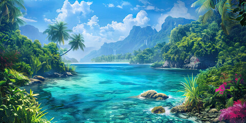 Wall Mural - Anime tropical waters, video game style graphic resource illustration background tropics vibrant ocean backdrop, generated ai