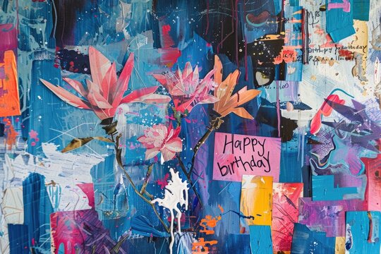 Joyous birthday collage, featuring heartfelt text happy birthday, vibrant celebration capturing special moments and cherished memories, personalized tribute to mark occasion with love and happiness.