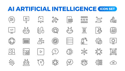 Fototapete - Set of Ai artificial intelligence icon set vector collection. AI Essentials line Icon collection, artificial intelligence icon set in line style, machine learning, smart robotic Free Vector