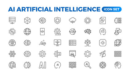 Fototapete - Set of Ai artificial intelligence icon set vector collection. AI Essentials line Icon collection, artificial intelligence icon set in line style, machine learning, smart robotic Free Vector