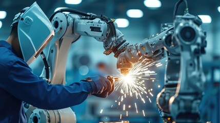 Wall Mural - The robotic arm's welding prowess in a factory setting showcases the evolution of automated manufacturing.