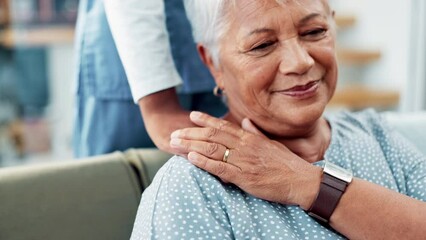 Wall Mural - Elderly woman, nurse and hand support for medical consultation in retirement for health worry, problem or sick. Female person, shoulder and fingers for comfort for diagnosis fear, results or anxiety