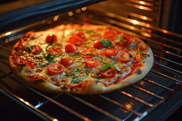 Wall Mural - Tasty homemade pizza cooking in an oven at home.