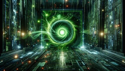 Wall Mural - A detailed scene showcasing a close-up of a cyberspace portal, glowing with vibrant green and black energy, leading to an unknown digital dimen.