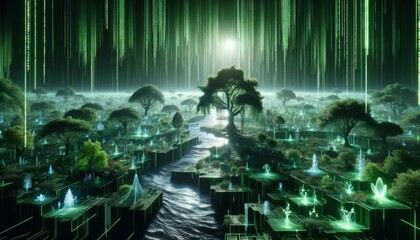 Wall Mural - A detailed scene depicting a virtual reality landscape, where streams of code form trees, rivers, and wildlife within a matrix-inspired digital.