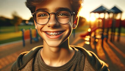 A boy with glasses, grinning confidently with silver braces, captured in the golden glow of sunset, with a blurred playground in the background.