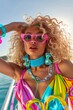 © Glittering Humanity - A trendy woman on a boat wearing striking pink sunglasses and colorful beachwear, showcasing fashion and summer vibes