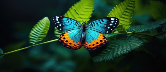 Wall Mural - A vibrant electric blue and orange butterfly, a pollinator arthropod, sits symmetrically on a green leaf. Moths and butterflies play a crucial role in pollinating terrestrial plants