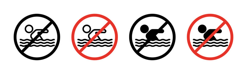 Wall Mural - no swimming sign icon set. water safety signboard swimming prohibition vector symbol in a black fill