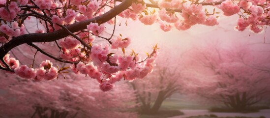 Poster - A pink cherry blossom tree with delicate petals stands among other trees by a flowing river, creating a beautiful natural landscape