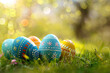 A collection of painted Easter eggs, celebrating a Happy Easter on a spring day. a green grass meadow with copy space.