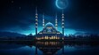 Serene mosque bathed in tranquil blue moonlight, symbolizing Ramadan's arrival. Crescent photo captured for Eid ul Fitr celebration.