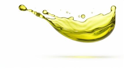 Poster - A single drop of olive oil descending from a green olive, depicted in isolation on a white background.